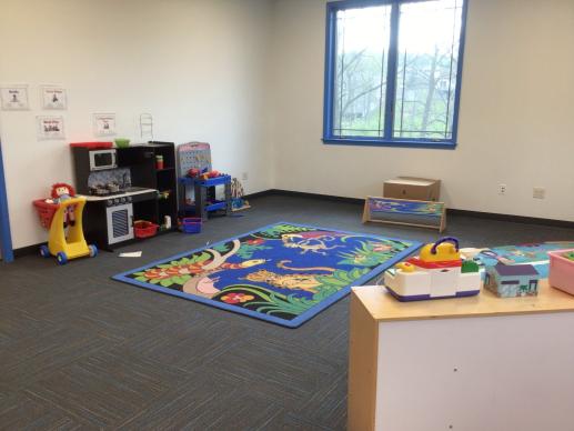 Kitchen and tool bench with lots of carpet space for everyone at the library.