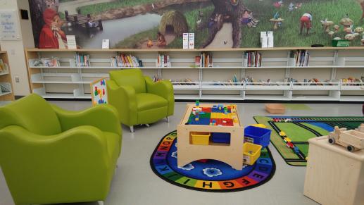 family place: Lego table, comfy chairs, board books