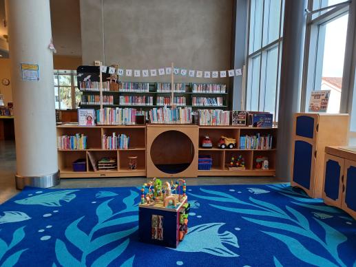 Family Place Bookshelf from a closer angle which also shows the reading cube inside of which kids sometimes sit and read. There is a sign that says "Family Place Books" above the parenting collection, and a new kitchen play set can be seen on the right hand side with blue doors to match the blue rug. 