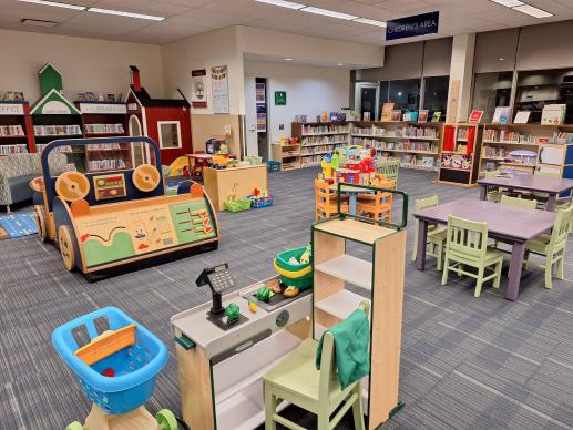 Play area includes a little grocery checkout station, a kitchen, puppet theater and much, much more!