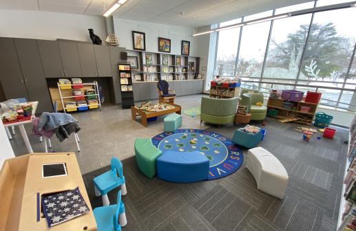 Open area for creative play with books, and a space for reading