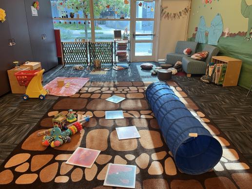 Family Place Workshop area. We have several stations set up for storytime, sensory play experiences, constructive play, gross motor activities, push-and-pull toys, and dramatic play stations.