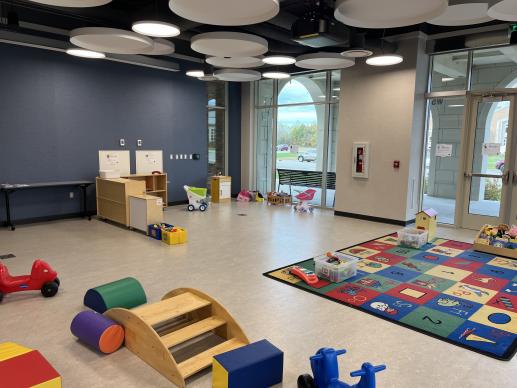 Room with carpet and various toys for young children