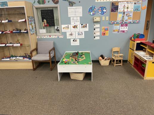 Centre County Library children's train table and play kitchen