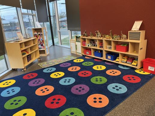 Jungman library play area with the front of both sets of shelves and the play closet visible