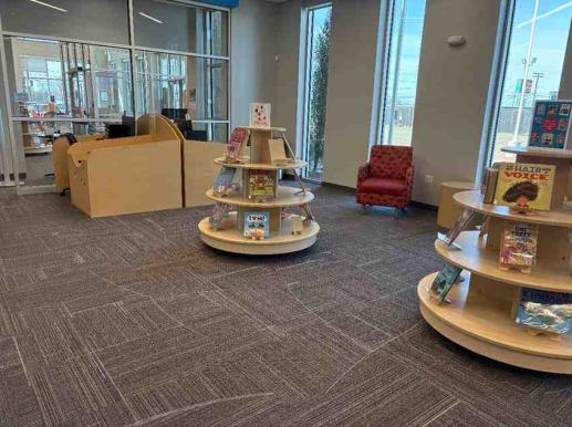 Family computers and book displays.