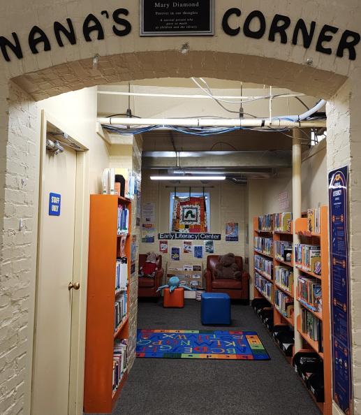Nana's Corner is our Early Literacy Center, including board books, leveled readers, reading buddies (stuffies), a parent section, and early literacy prompts and resources.