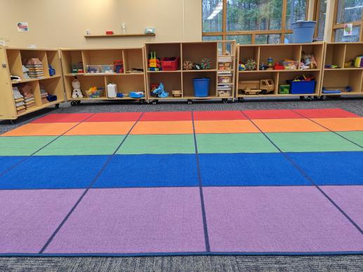 a rainbow squares rug in front with toy shelves behind. Each cubby has an assortment of toys. There is a window to the right side.