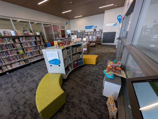 Davies Library Family Place area includes toys, books, and dedicated parenting collection.