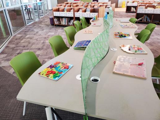 We offer a variety of puzzles for kids to play with to build their fine motor skills, as well as navigating magnetic puzzles and matching together animals to shape cutouts.