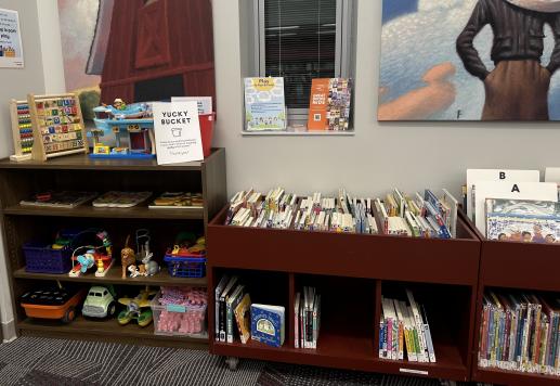 Toys for play and board books in reach of toddlers.