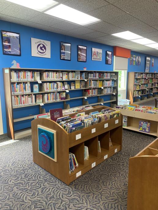 Image of the children's picture and board book bins with taller shelves behind the bins holding the Family Place Libraries collection for parents.