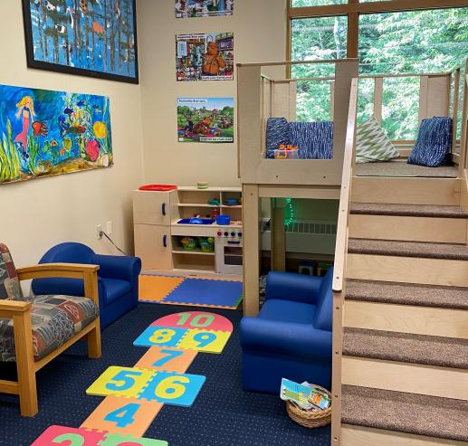 Play kitchen, hopscotch mat and loft