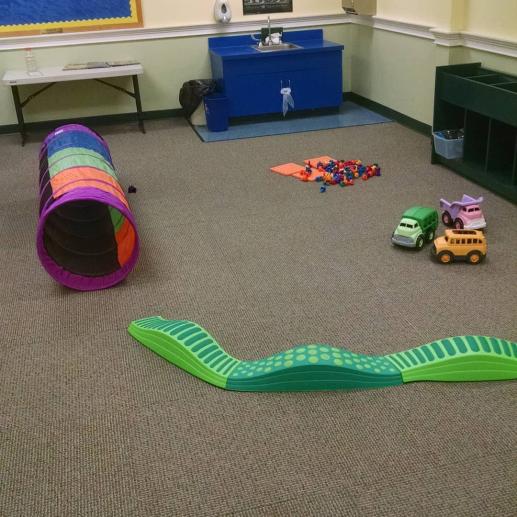 Obstacle course set up in the Storytime Room.