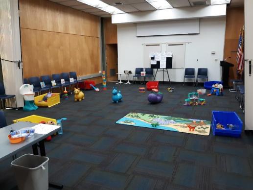 The toys are set out in the meeting room for 1-2-3 Play with Me.